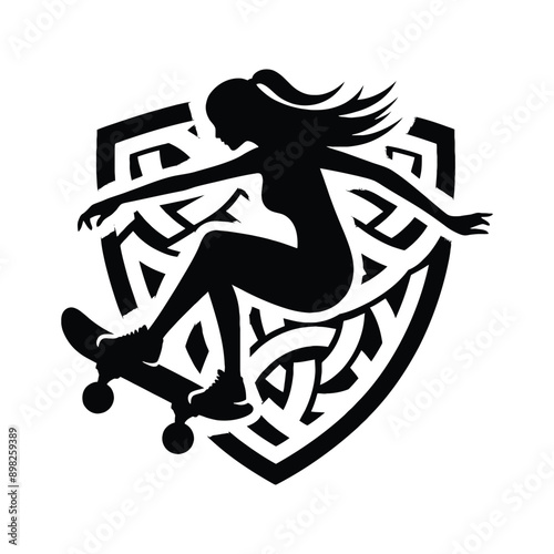 Skateboarding, longboarding  female player in celtic knot pattern illustration, emblem shield badge