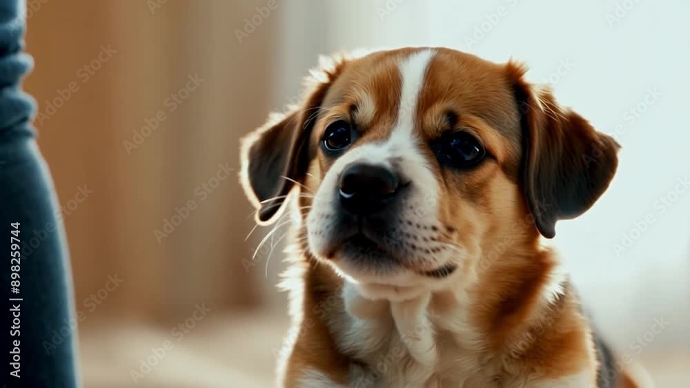 Close-up shot A puppy learning to sit on command, with focus on its attentive expression Close-up shot A puppy learning to sit on command, with focus on its attentive expression