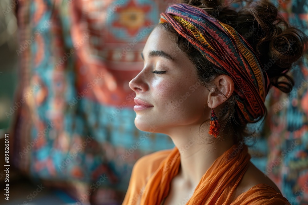 Serene Woman Practicing Guided Meditation in Radioactive Apparel for Stress Relief