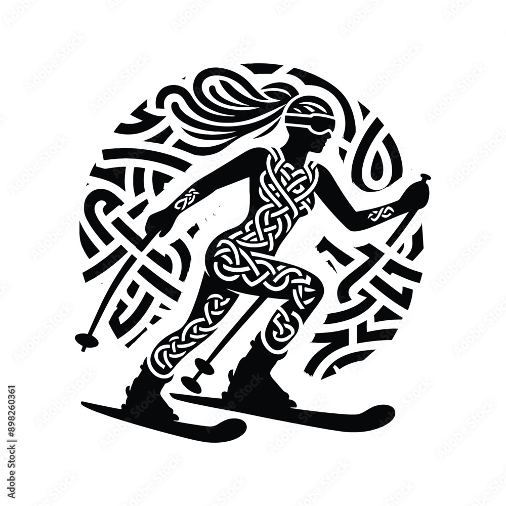 Fototapeta premium Skiing female player in celtic knot pattern illustration, emblem shield badge