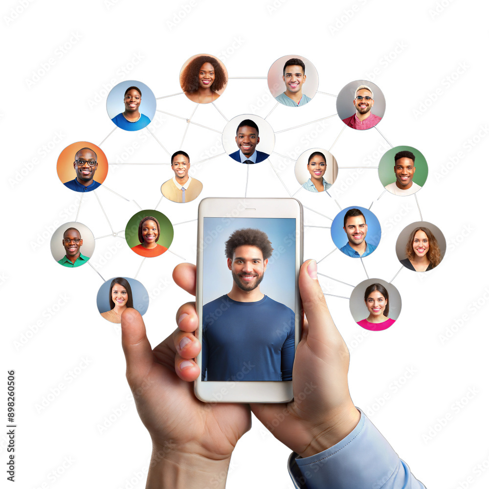 Smartphone displaying a social network with profile pictures connected in a network Smartphone displaying a social network with profile pictures connected in a network