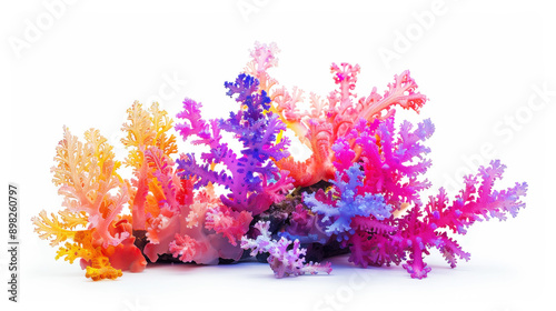 Aesthetic oceanic colorful fluorescent coral reef isolated on white background. Aquarium hobby. Generative AI photo