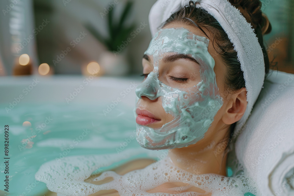 Woman relaxing in a bath with a face mask Woman relaxing in a bath with a face mask