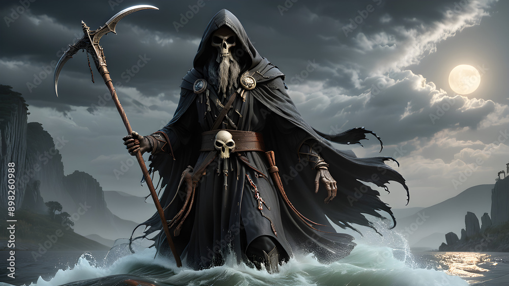 The Grim Reaper rides a boat to receive spirits.