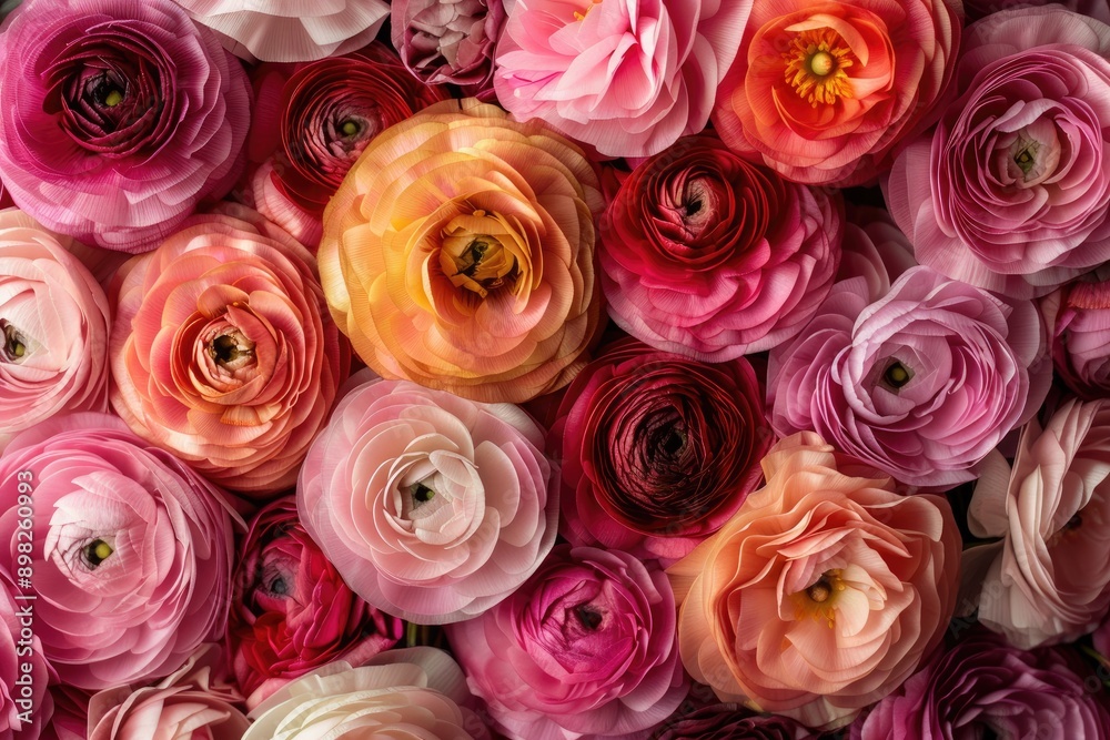 Ranunculus in various shades of pink, An abundance of pink and red flowers creating a colorful scene, AI generated Ranunculus in various shades of pink, An abundance of pink and red flowers creating a colorful scene, AI generated