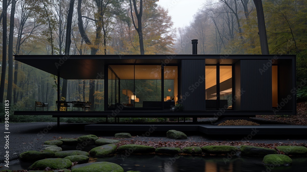 Modern House in a Misty Autumn Forest with Large Glass Windows - Contemporary Architecture and Scenic Nature Design Modern House in a Misty Autumn Forest with Large Glass Windows - Contemporary Architecture and Scenic Nature Design