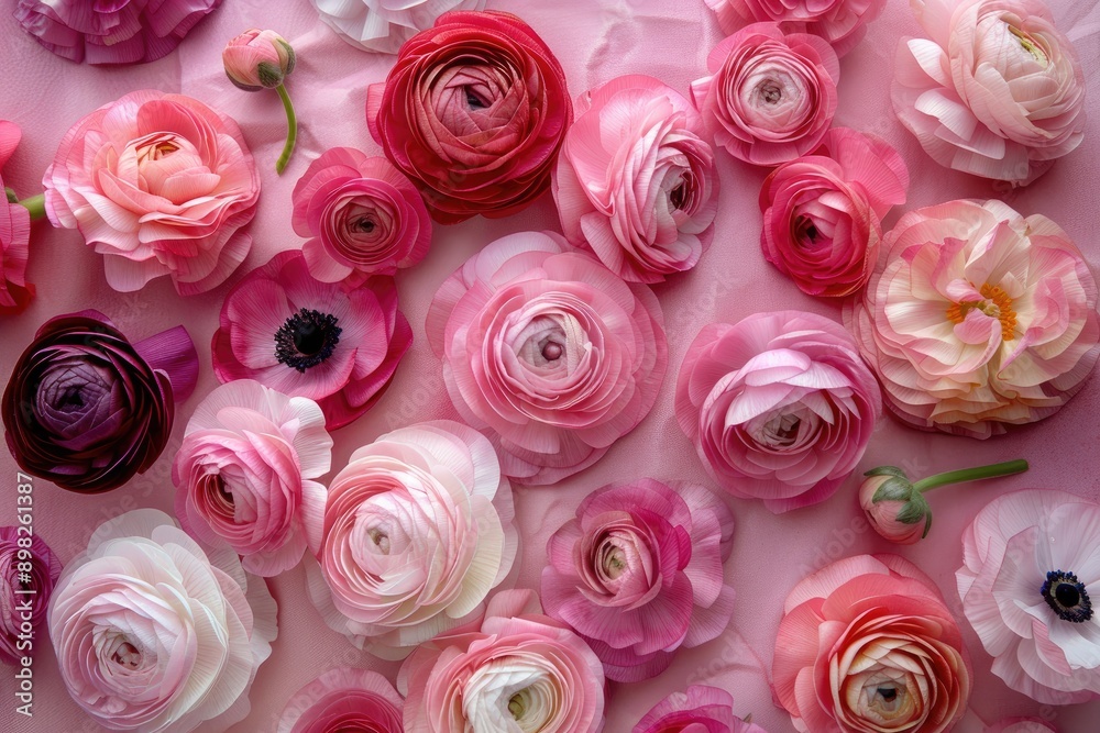 Ranunculus in various shades of pink, A cluster of pink and red flowers adding a pop of color to the landscape, AI generated Ranunculus in various shades of pink, A cluster of pink and red flowers adding a pop of color to the landscape, AI generated