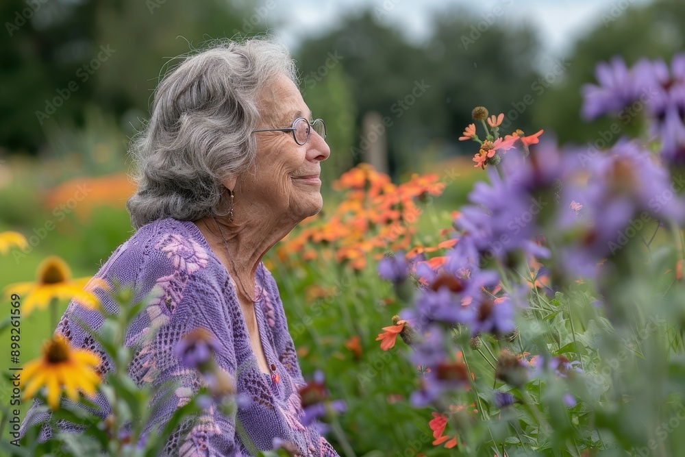 Serene Senior Woman Practicing Mental Health Through Gardening in Rebecca Purple Attire Serene Senior Woman Practicing Mental Health Through Gardening in Rebecca Purple Attire