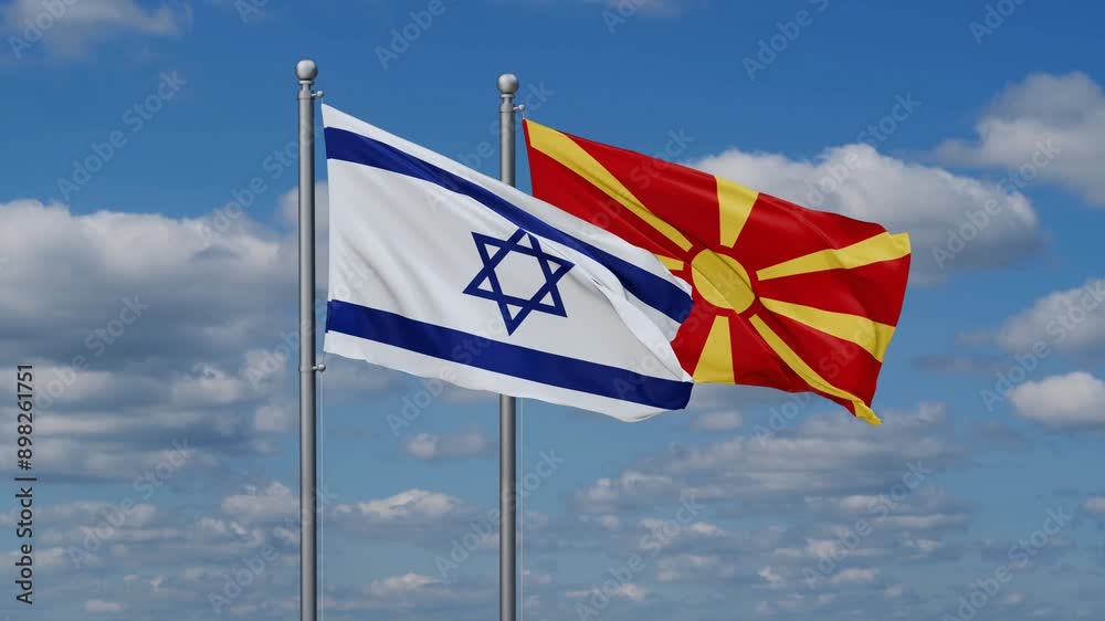 Israel and North Macedonia flags flying together, video concept of the relationship Israel and North Macedonia flags flying together, video concept of the relationship