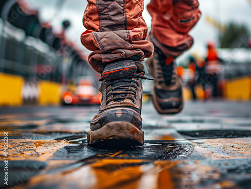 Go-kart driver walking to car before race at starting line on motor racing track