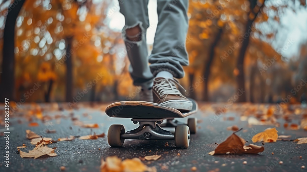 A man rides a skateboard along a street bordering a forest ablaze with yellow and orange leaves A man rides a skateboard along a street bordering a forest ablaze with yellow and orange leaves