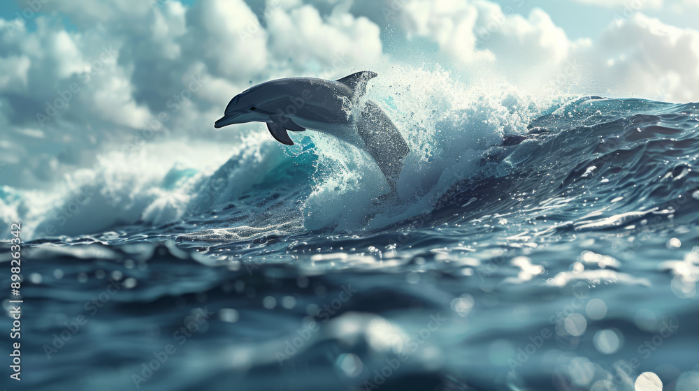 Obraz premium A beautiful dolphin jumped from a sea wave. Stunning dolphin jump against the backdrop of beautiful waves and amazing clouds. Background for design.