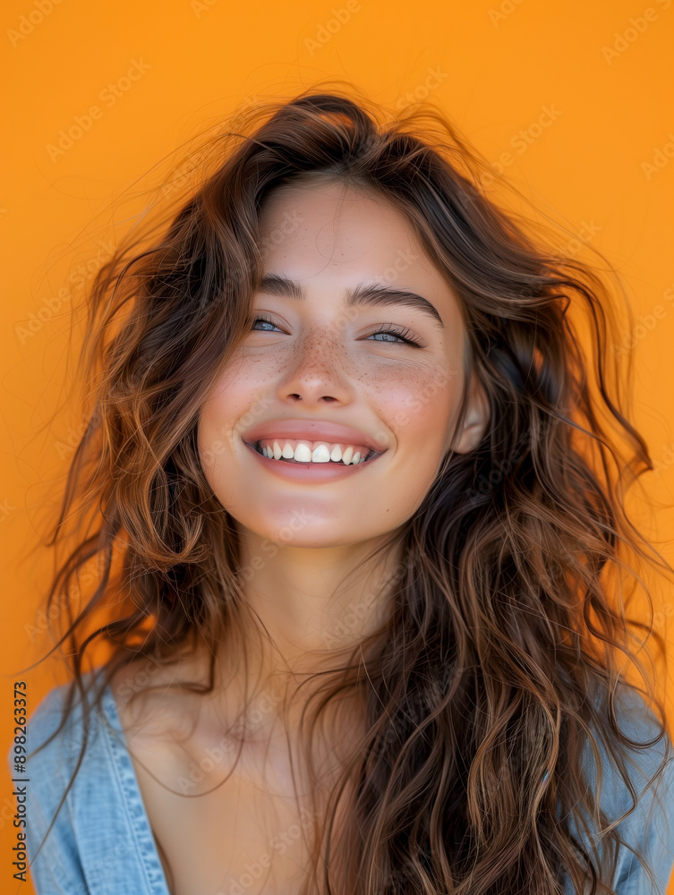Woman laughing in studio with funny on orange background Woman laughing in studio with funny on orange background