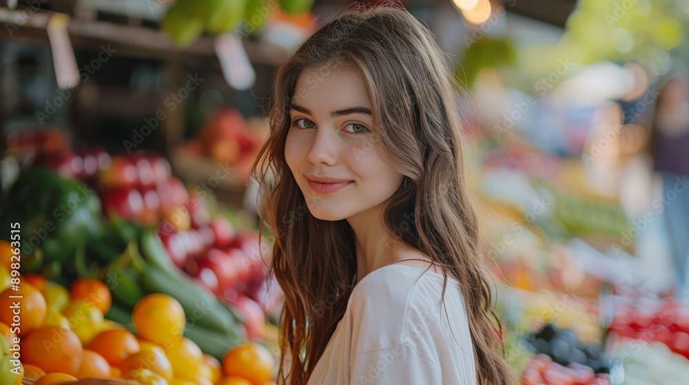 A young woman, her beauty radiant, stands before a vibrant spread of fresh fruits and vegetables at the farmers market A young woman, her beauty radiant, stands before a vibrant spread of fresh fruits and vegetables at the farmers market