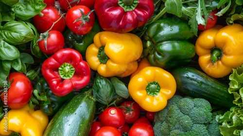 Assorted fresh vegetables including bell peppers and tomatoes photo