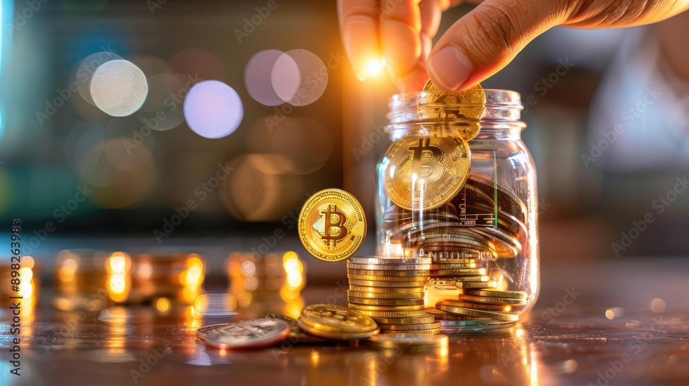 Coin and income deposits, symbol of savings, crisp clarity, vibrant imagery, dark backdrop Coin and income deposits, symbol of savings, crisp clarity, vibrant imagery, dark backdrop