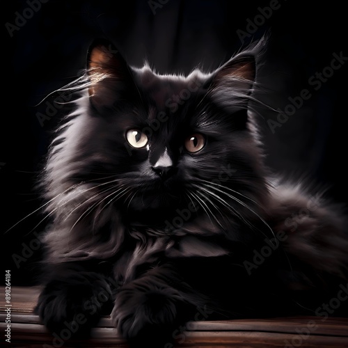 The cat has black fur, is fluffy, and the eyes are light yellow