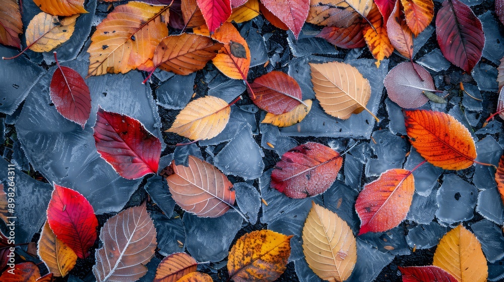 A collection of vibrant leaves atop an ice-covered pile on a snowy ground, adjacent to a fire hydrant A collection of vibrant leaves atop an ice-covered pile on a snowy ground, adjacent to a fire hydrant