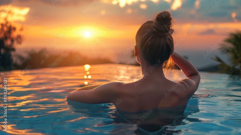 woman in a swimming pool at sunset woman in a swimming pool at sunset