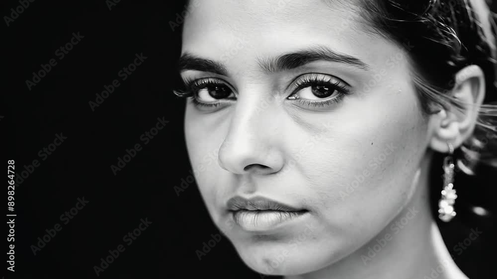 Black and white close-up portrait of a young woman with an intense gaze, showcasing her facial features.
Black and white close-up portrait of a young woman with an intense gaze, showcasing her facial features.