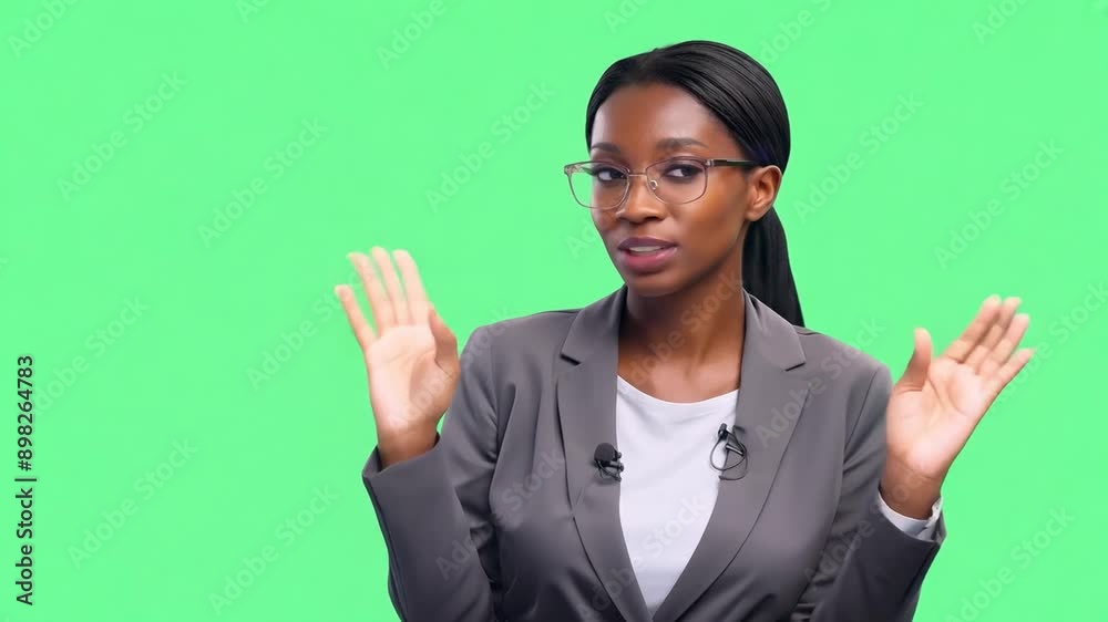 Woman in a suit with hands raised, expressing surprise or explanation, on a green screen background.
Woman in a suit with hands raised, expressing surprise or explanation, on a green screen background.