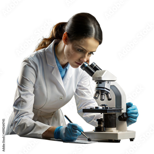 Female scientist using a microscope in a laboratory, possibly analyzing samples