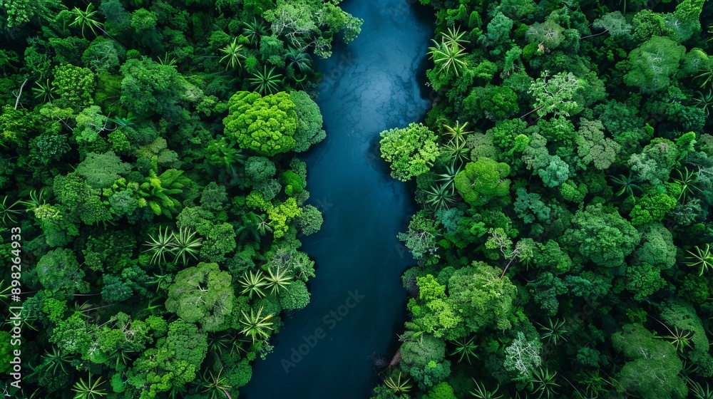 An aerial perspective of a river winding through a dense, verdant forest teeming with numerous trees and encircled by greenery An aerial perspective of a river winding through a dense, verdant forest teeming with numerous trees and encircled by greenery