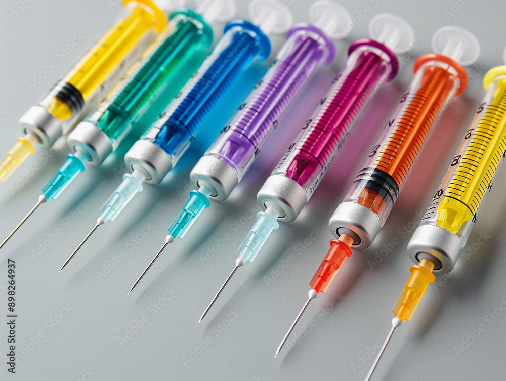 Colorful Syringes Arranged on Grey Surface Colorful Syringes Arranged on Grey Surface