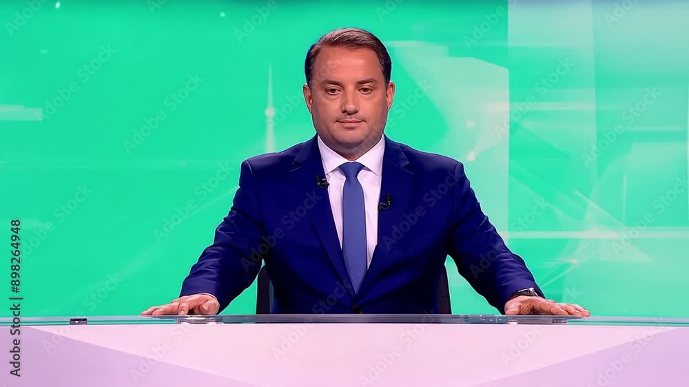 News presenter in a suit sitting at a desk against a green background, ready to deliver news.
