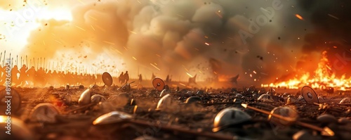 An intense and dramatic battlefield scene with soldiers, fire, and smoke, depicting the chaos and destruction of ancient warfare.