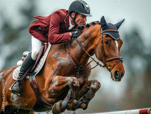 Jockey competing in horse jumping competition