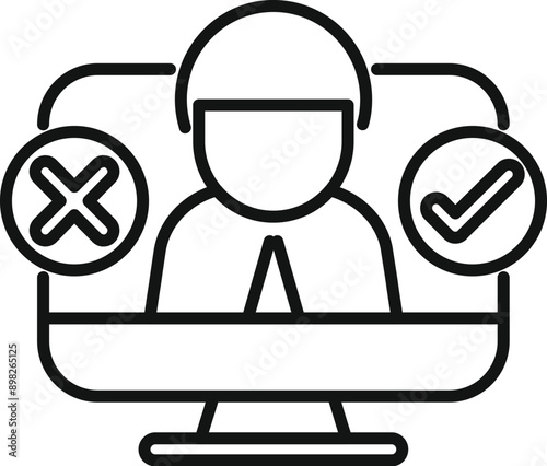 Line drawing of customer service representative deciding between checkmark and crossmark icons on computer screen