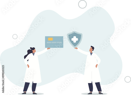 Health insurance.Doctor offering medical insurance policy contract..Patient holding insurance ID card.flat design.illustration with people.