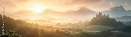 Breathtaking sunrise over a serene landscape with rolling hills and a mystical castle in the distance, bathed in golden light.