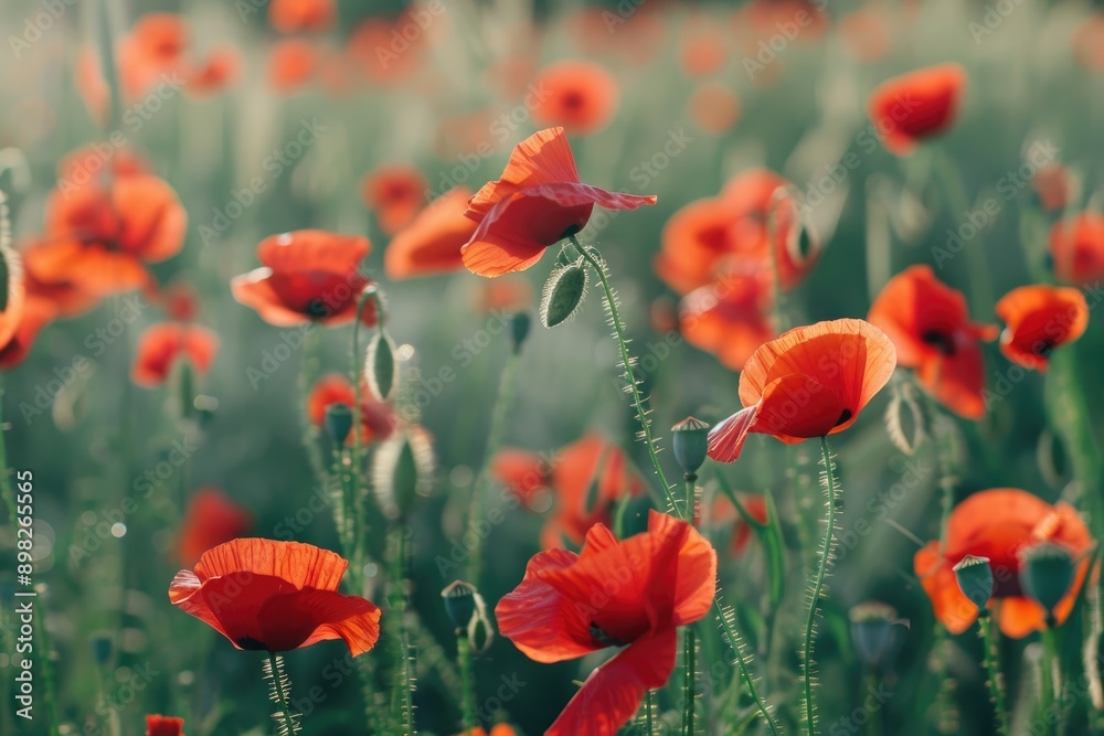 Fototapeta premium Red poppies swaying in a field, Bright red poppies stand out in a wheat field, AI generated