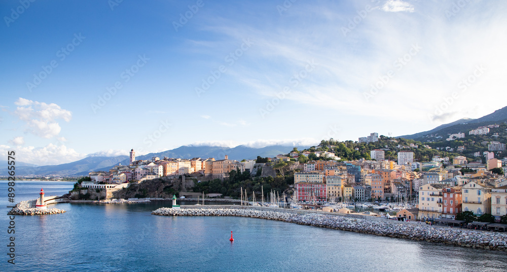 panoramic summer cityscape of Bastia. Stunning afternoon view of Corsica island, France, Europe. Bright Mediterranean seascape panoramic summer cityscape of Bastia. Stunning afternoon view of Corsica island, France, Europe. Bright Mediterranean seascape