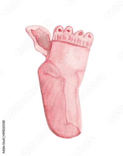 A watercolor illustration of a single pink baby sock with delicate lace-like details at the top. This charming and soft design is ideal for baby-related products,  photo