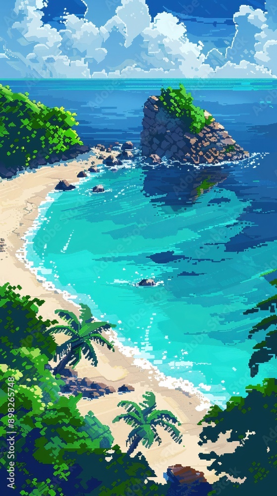 Fototapeta premium Pixel art island, sandy beach, turquoise water, tropical escape