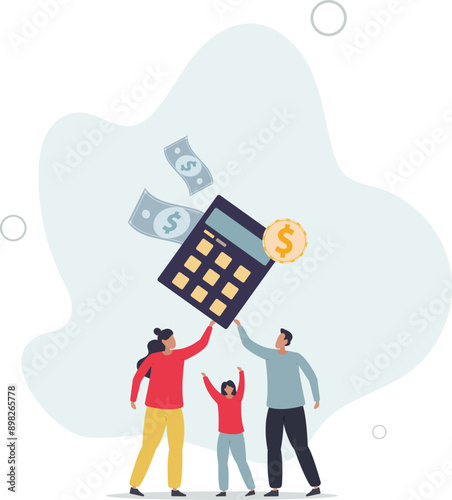 Family income .Characters planning and bookkeeping budget and household spending.flat design.illustration with people.