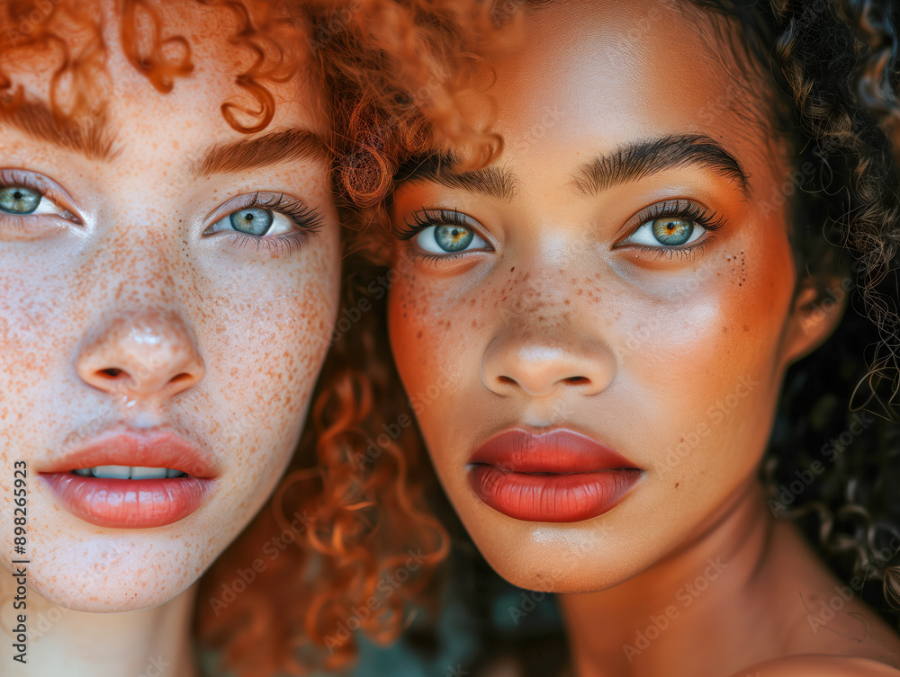 Portrait of two young women wearing make up, cheek to cheek Portrait of two young women wearing make up, cheek to cheek