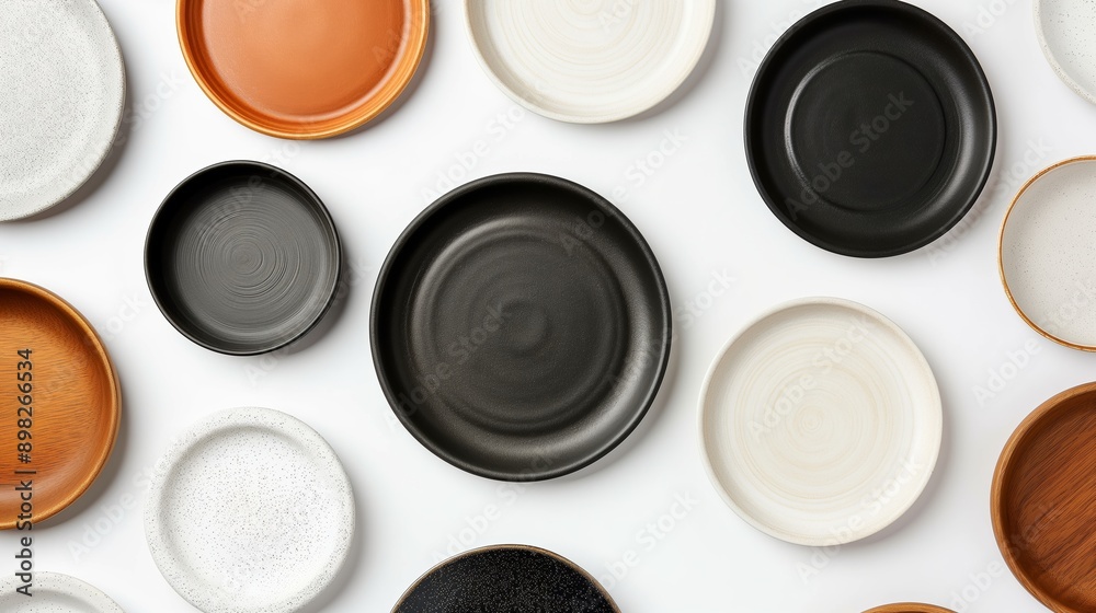 A collection of plates with different colors and designs. The plates are arranged in a circle, with some overlapping each other. Scene is one of variety and diversity A collection of plates with different colors and designs. The plates are arranged in a circle, with some overlapping each other. Scene is one of variety and diversity
