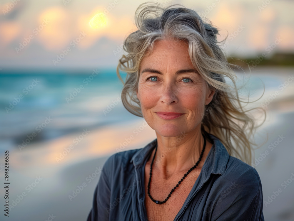Retired woman at beach portrait Retired woman at beach portrait