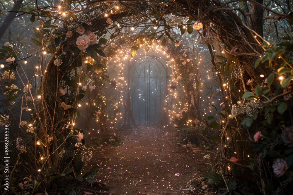Obraz premium A frame made of intricate branches and vines, adorned with glowing fairy lights and delicate flowers, leading into a clear, mystical portal-like opening surrounded by a soft, ethereal glow.