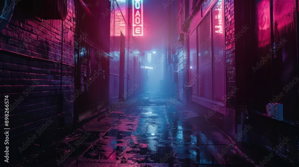 atmospheric urban alleyway shrouded in mist with neon signs casting an eerie glow on wet concrete moody lighting and reflections create a cinematic neonoir ambiance atmospheric urban alleyway shrouded in mist with neon signs casting an eerie glow on wet concrete moody lighting and reflections create a cinematic neonoir ambiance