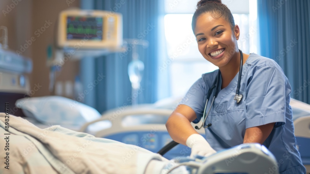 Obraz premium A female hospital cleaner cleans the patient's bed.