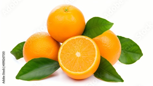 A pile of oranges with one cut open. The oranges are surrounded by green leaves. Concept of freshness and abundance