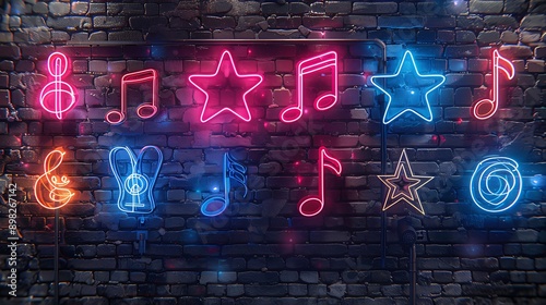 Fototapeta Naklejka Na Ścianę i Meble -  Vibrant neon signs on a brick wall with music notes, stars, and a guitar.