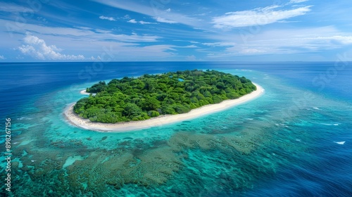  An aerial perspective of a tiny isle amidst a water body, surrounded by a blue sky