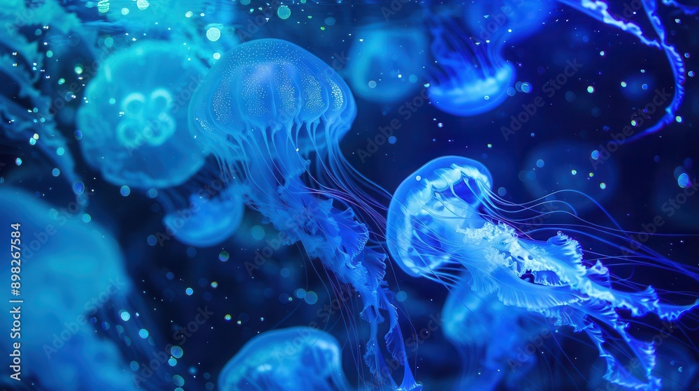 bioluminescent underwater dreamscape with ethereal jellyfish and swirling currents shimmering blue hues create mesmerizing patterns in mysterious oceanic depths bioluminescent underwater dreamscape with ethereal jellyfish and swirling currents shimmering blue hues create mesmerizing patterns in mysterious oceanic depths