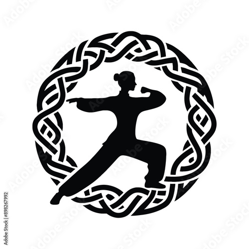 kungfu, Tai Chi  female player in celtic knot pattern illustration, emblem shield badge